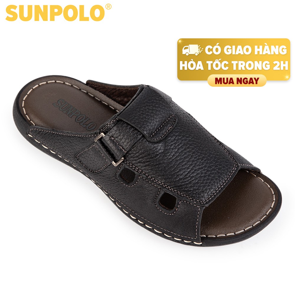 [Mã BMBAU50 giảm 7% đơn 99K] Dép Quai Ngang Nam Da Bò SUNPOLO Đen - D03NEW