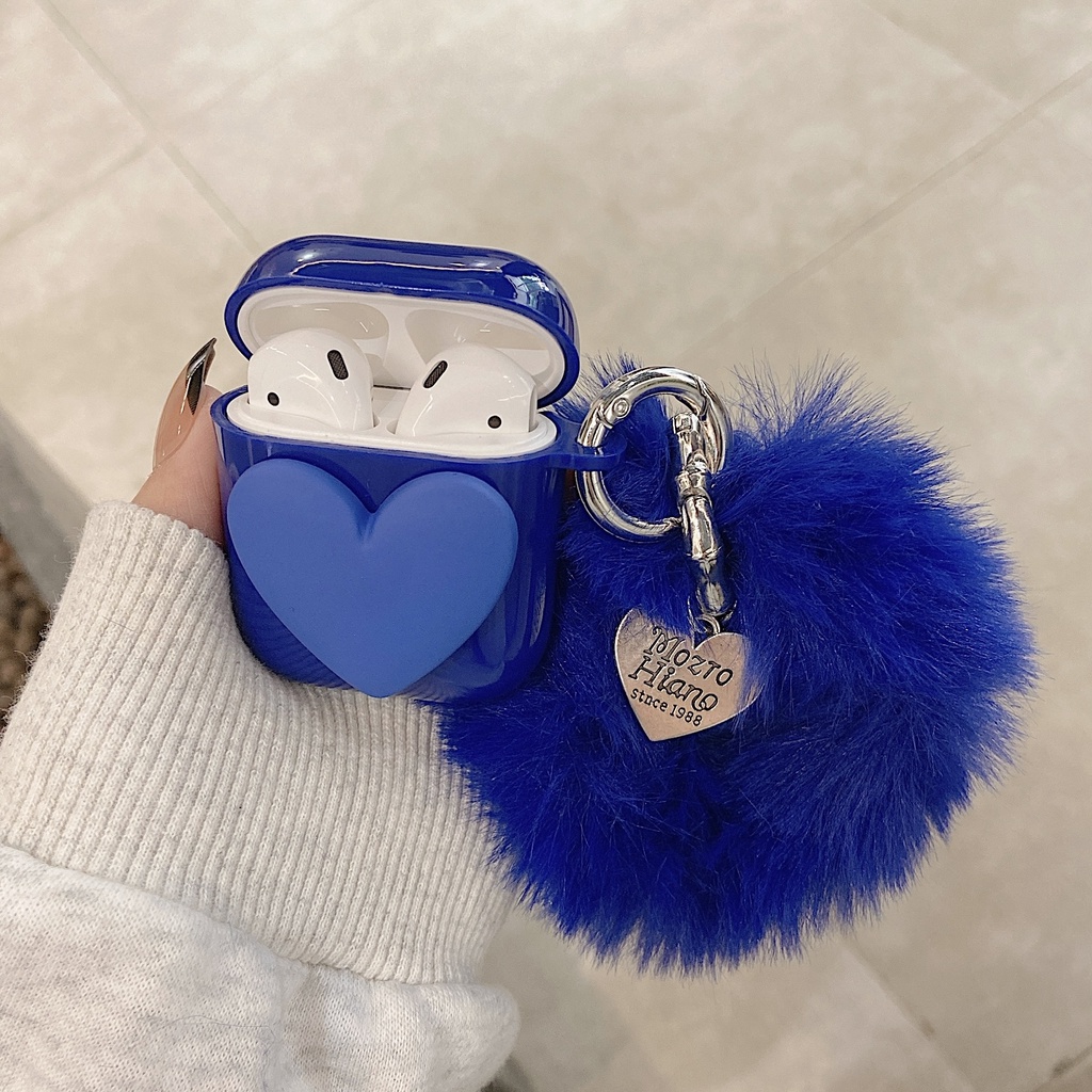 Vỏ bọc TPU mềm bảo vệ hộp sạc tai nghe bluetooth Airpods 1/2 pro gắn móc khóa hình trái tim phối bóng lông dễ thương