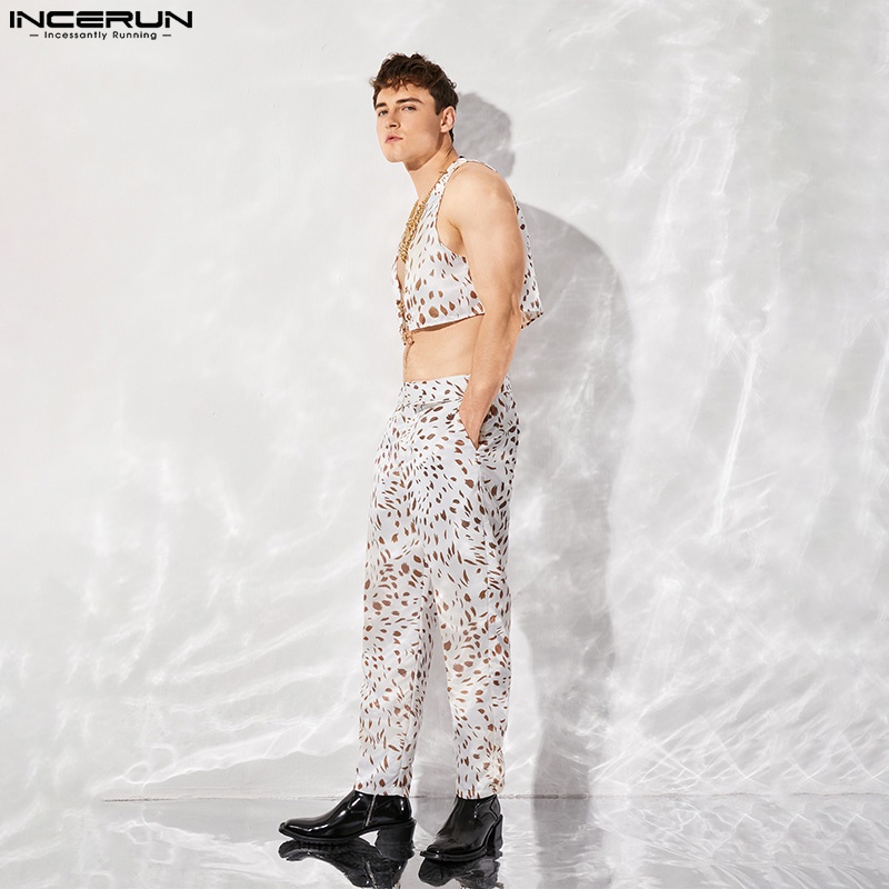 INCERUN Set Áo Ghi Lê + Quần Dài Dáng Rộng Thời Trang Cá Tính Cho Nam