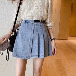 [Sẵn] Chân váy jeans liền belt xếp ly hot trend Tik Tok