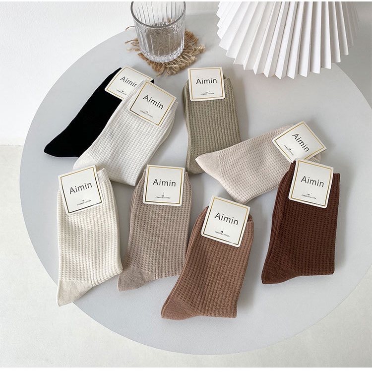 Vớ Cotton Cổ Vừa Màu Cà Phê Phong Cách Retro Mới