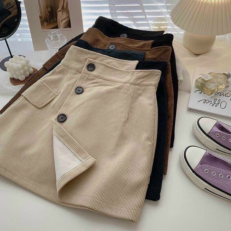 [ Ảnh thật / video ] Chân váy chữ A nhung tăm 3 khuy