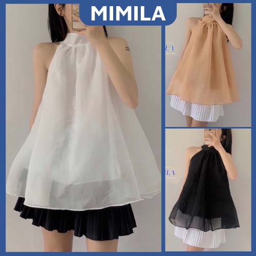 Áo Kiểu Nữ Cổ Yếm 2 Lớp MIMILA Áo Hở Vai Cài Cúc Chất Vải Kate Lụa Xinh Xắn FreeSize dưới 52kg - MA015