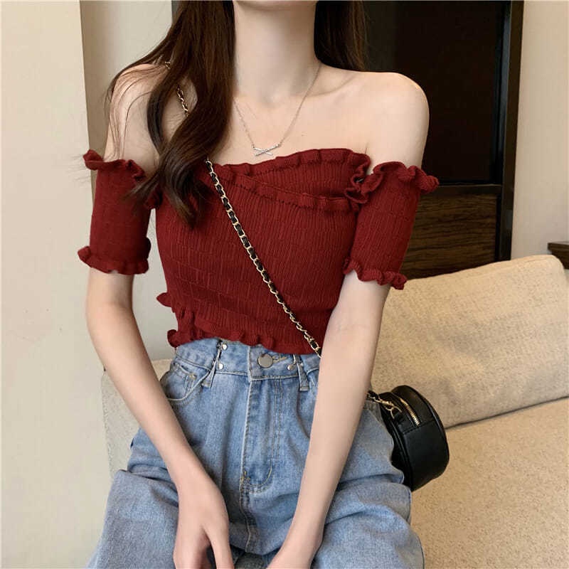 Áo IELGY tay ngắn trễ vai kiểu đan chéo thời trang độc đáo thời trang cho nữ