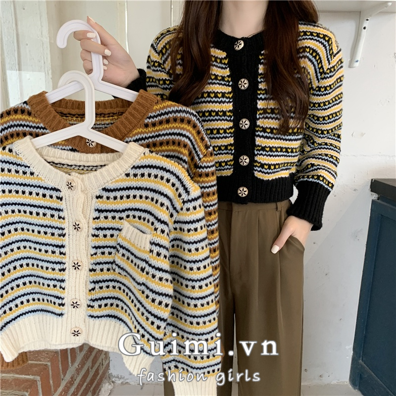 Áo Khoác cardigan Dệt Kim Dáng Ngắn Có Túi Họa Tiết Kẻ Sọc Màu Sắc Trẻ Trung