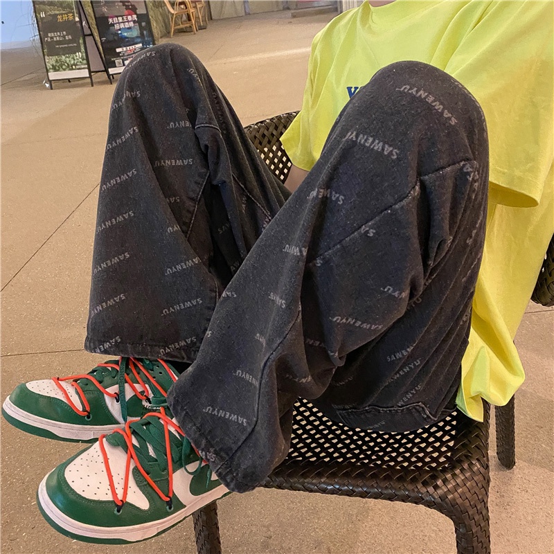 Quần jean ống rộng size lớn phong cách âu mỹ cho nam nữ Hip-Hop Printed Loose Jeans