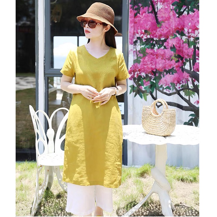 Sét Đầm suông Linen Bột Premium cổ tim tay cộc kèm quần ống rộng