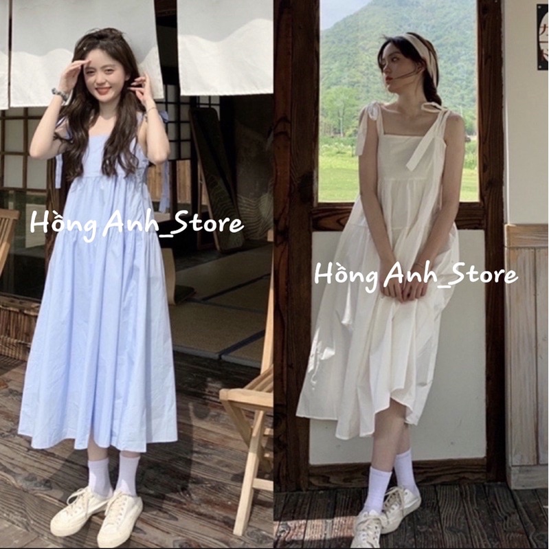 Váy hai dây nơ bản to babydoll thắt nơ, vải xịn loại 1 quảng châu mát rượi