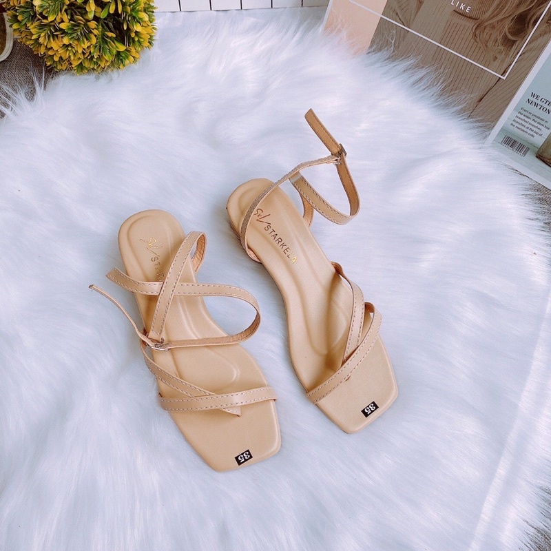 Dép sandal học sinh quai mảnh chéo da lì gót vuông 4cm
