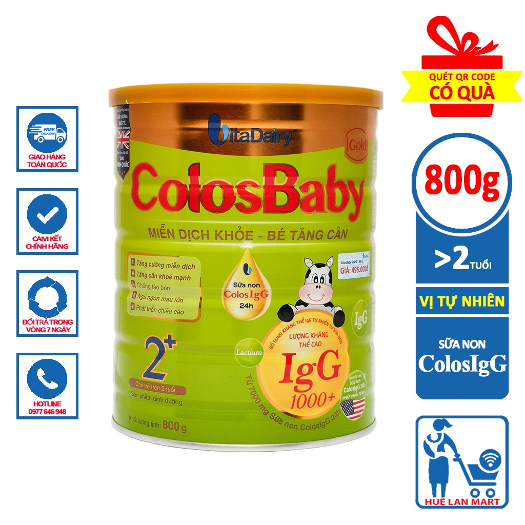 [CHÍNH HÃNG] Sữa Bột VitaDairy ColosBaby Gold 2+ Hộp 800g (Miễn dịch khỏe - Bé tăng cân )