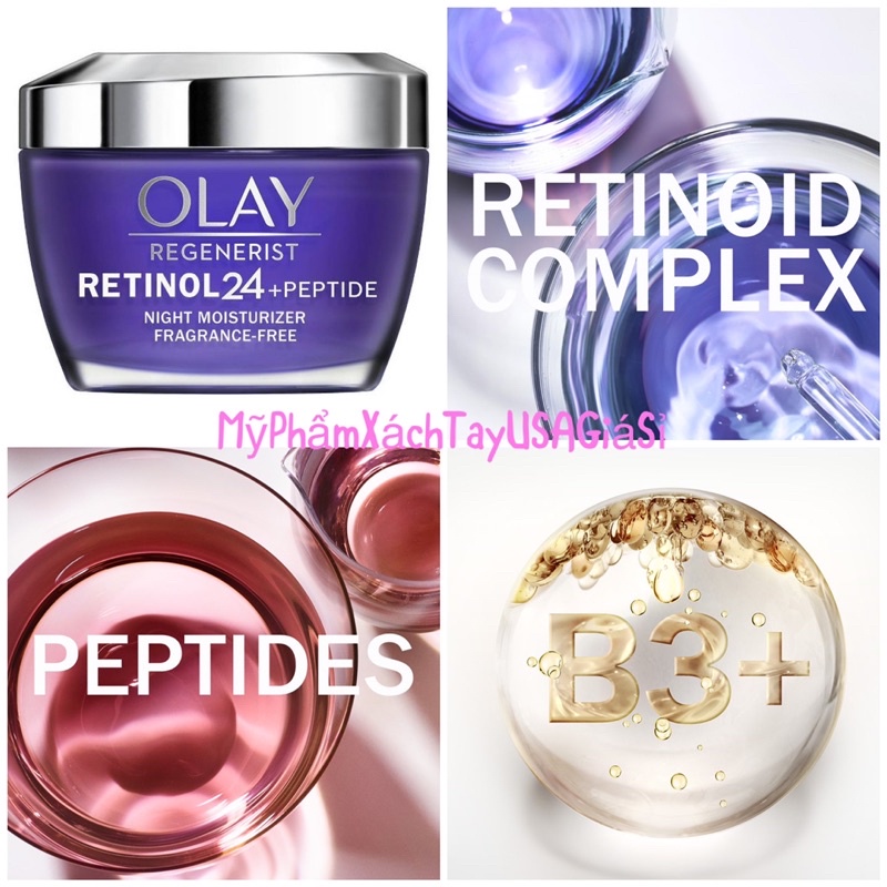 Kem dưỡng ẩm làm sáng da,ngăn ngừa nếp nhăn ban đêm Olay Retinol24 + Peptide Night Moisturizer 48g USA