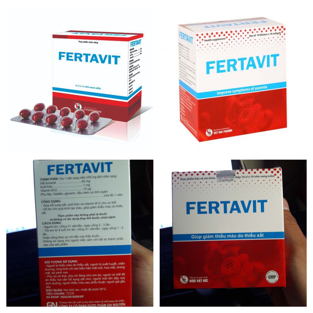Fertavit – Hỗ trợ bổ sung sắt dạng hữu cơ, axit folic cho bà bầu, trẻ em thiếu sắt. Hộp 100 Viên