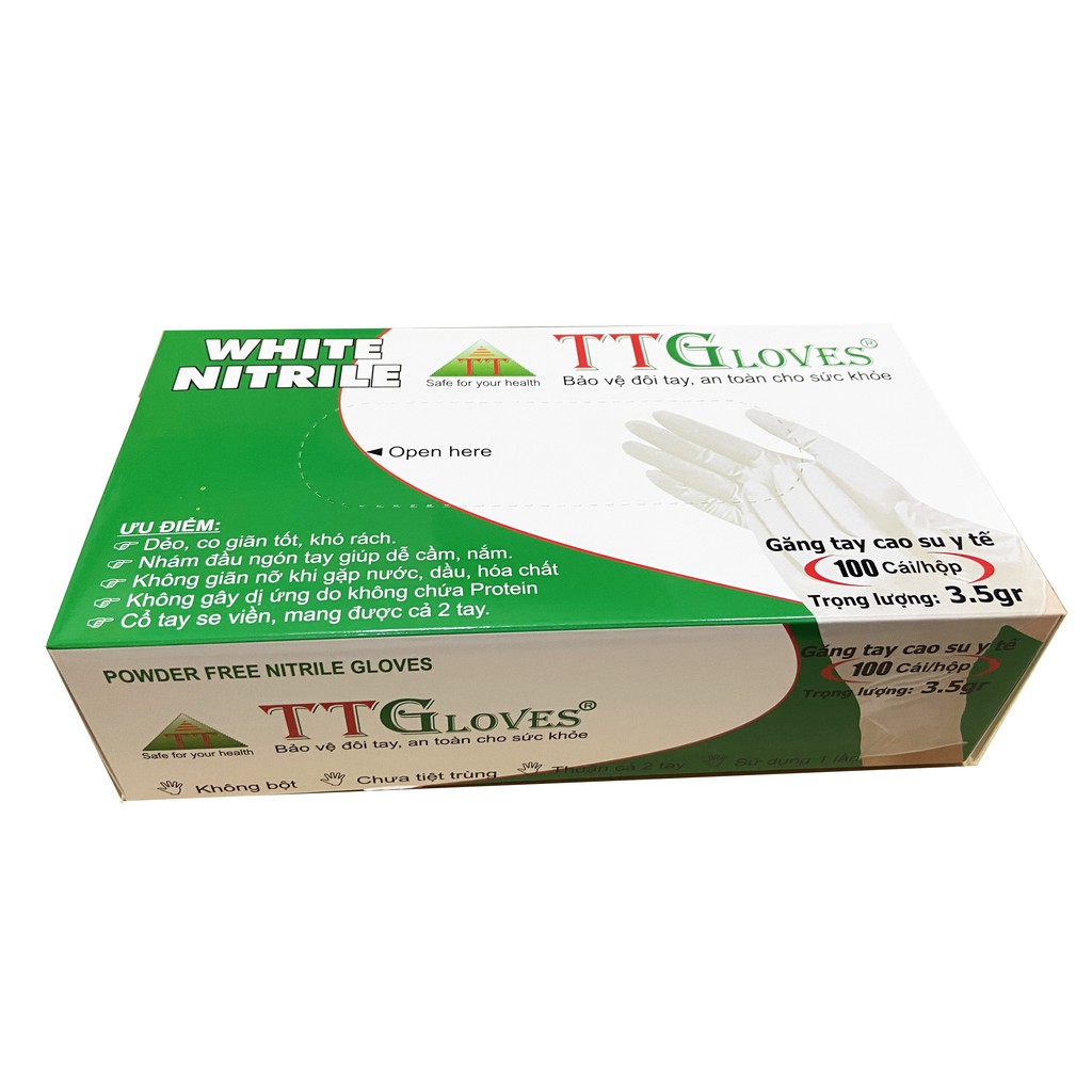 Găng Tay Y Tế TTGLOVE Nitrile Không Bột Trọng Lượng 3.5g Màu Trắng (White) - ĐỦ Size S M L 100 cái/hộp