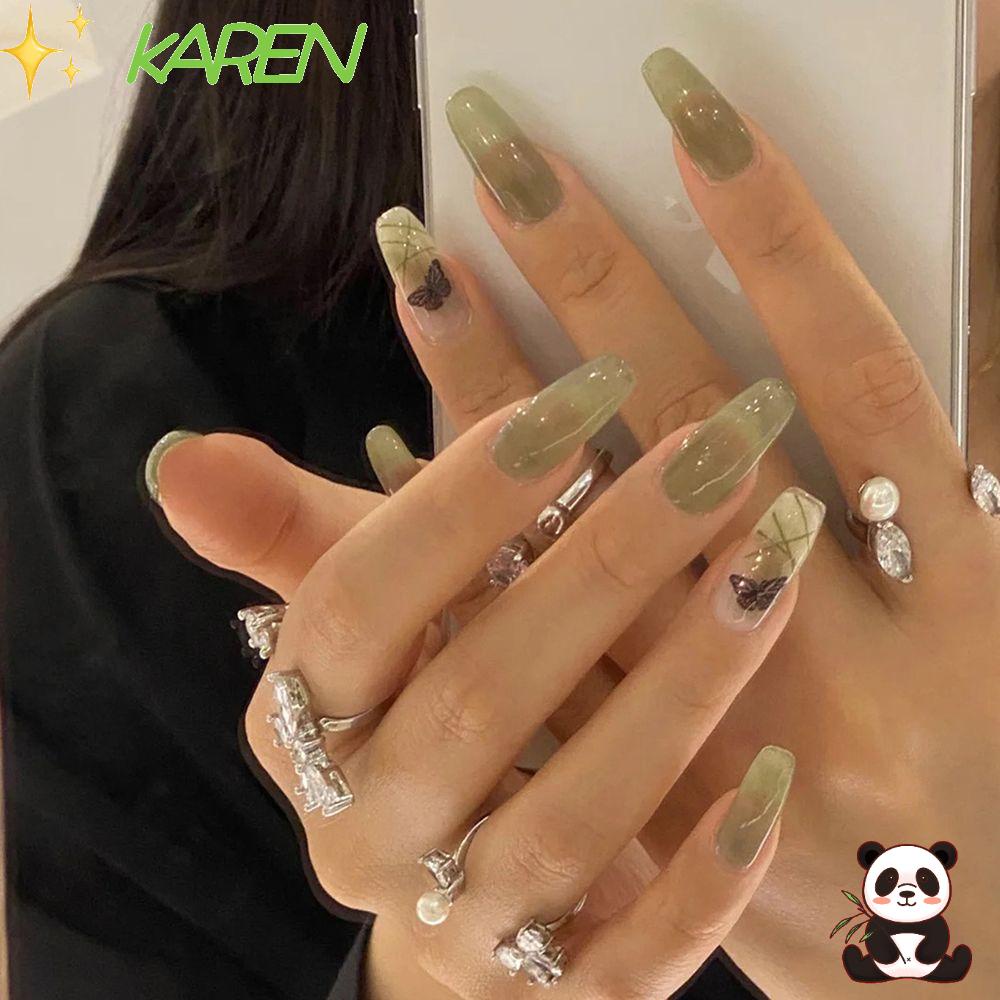 KAREN 24pcs/Box Matcha Butterfly Square Head False Nails Detachable Nail Tips Wearable Artificial Manicure Tool Full Cover Press On Nails Fake Nails