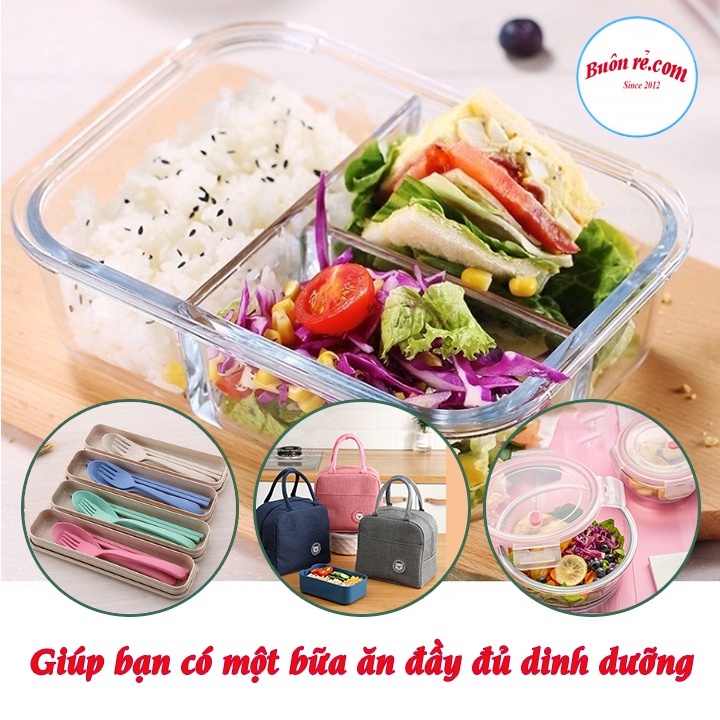 Combo văn phòng: Hộp thủy tinh 3 ngăn 1000ml / Hộp tròn 400ml / Túi đựng cơm Lunch Bag / Bộ đũa+thìa+dĩa