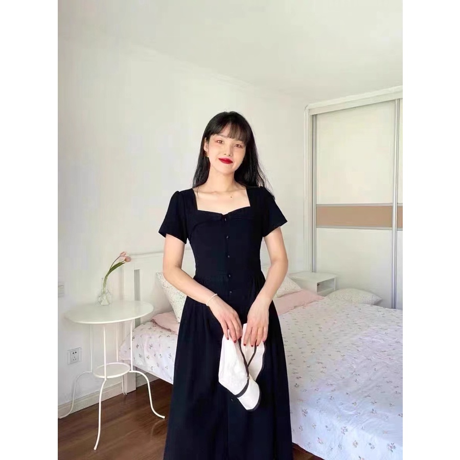 ℗Đầm Dài Cổ Vuông Màu Đen Thời Trang Mùa Hè Phong Cách Pháp Cổ Điển Cho Nữ