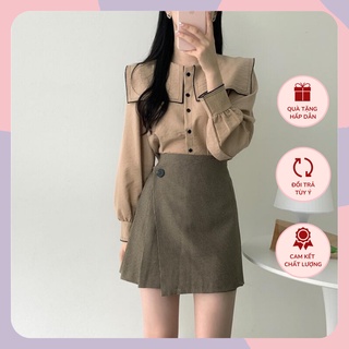 Áo sơ mi nữ kiểu cổ yếm chân váy chữ A dáng xòe xếp ly WANAWEAR màu nâu tây tiểu thư set đồ bộ công sở