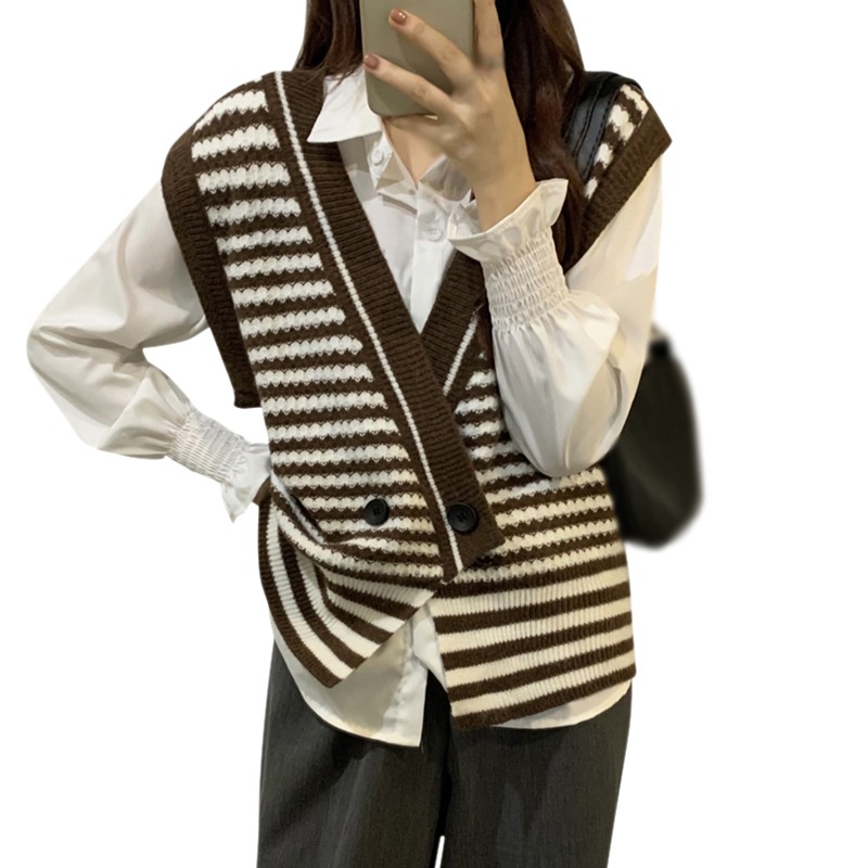 Áo Cardigan Dệt Kim Không Tay Hoạ Tiết Kẻ Sọc Phong Cách Retro | BigBuy360 - bigbuy360.vn