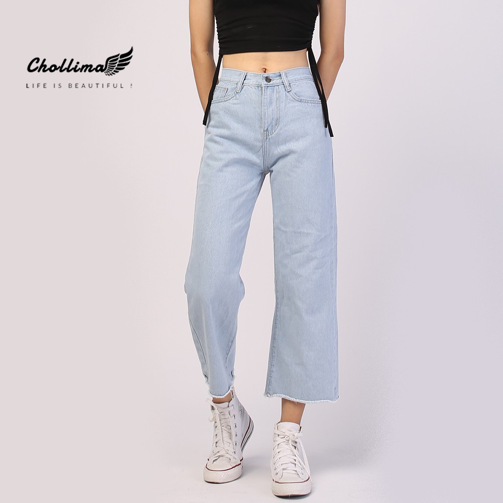 Quần jeans baggy nữ Chollima ống rộng trơn tua lai màu trắng bạc QD014 phong cách hàn quốc - HÀNG MỚI VỀ