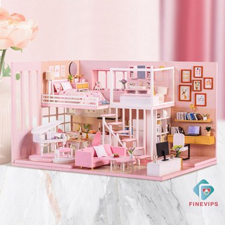 Mô hình lắp ghép DIY Nhà búp bê màu hồng kèm nội thất Cô gái trong mơ
