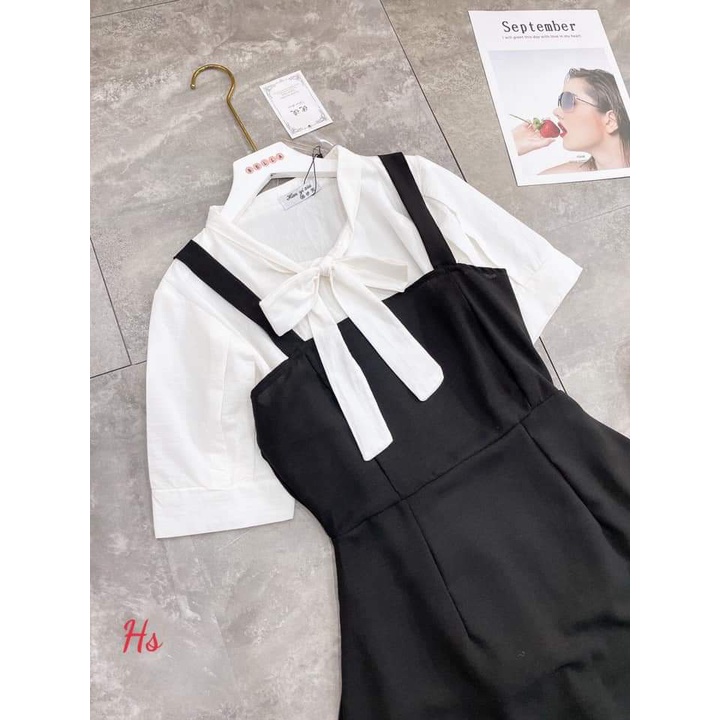 Set bộ đồ nữ CARY, áo sơ mi cột nơ kèm yếm siêu xinh