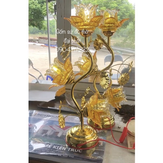 Đèn thờ hoa sen bông thủy tinh ánh sáng vàng, đèn thờ thủy tinh ba bông