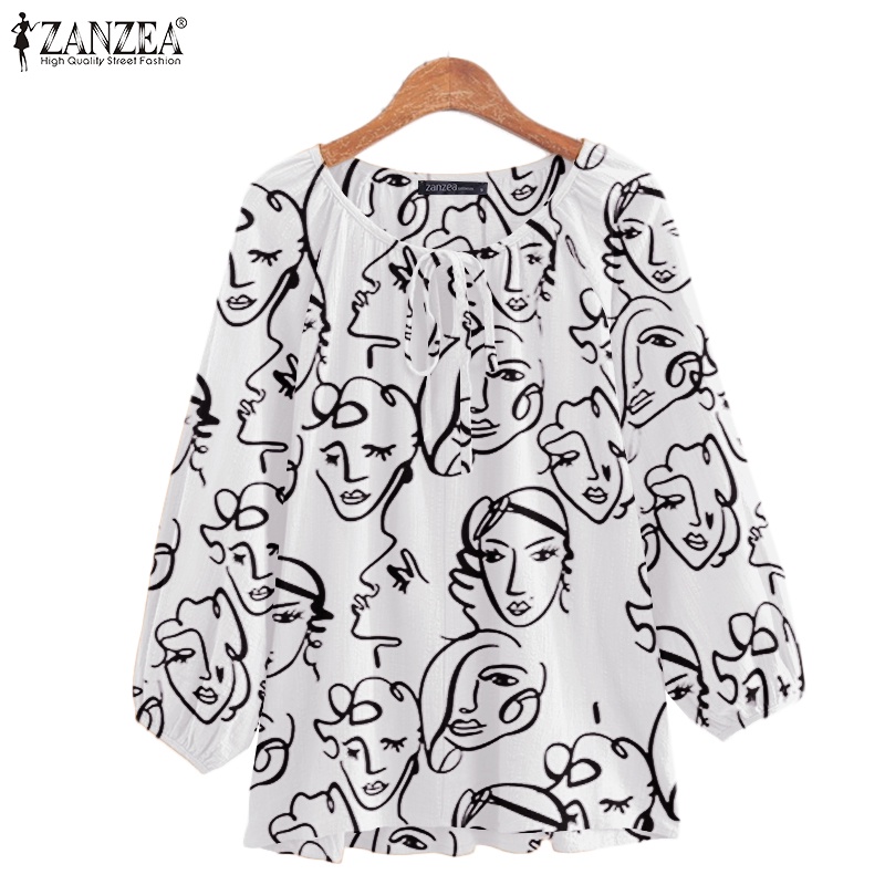 Áo Kiểu ZANZEA Tay Lửng 3/4 Cổ Tròn Cột Dây In Họa Tiết Mặt Cho Nữ