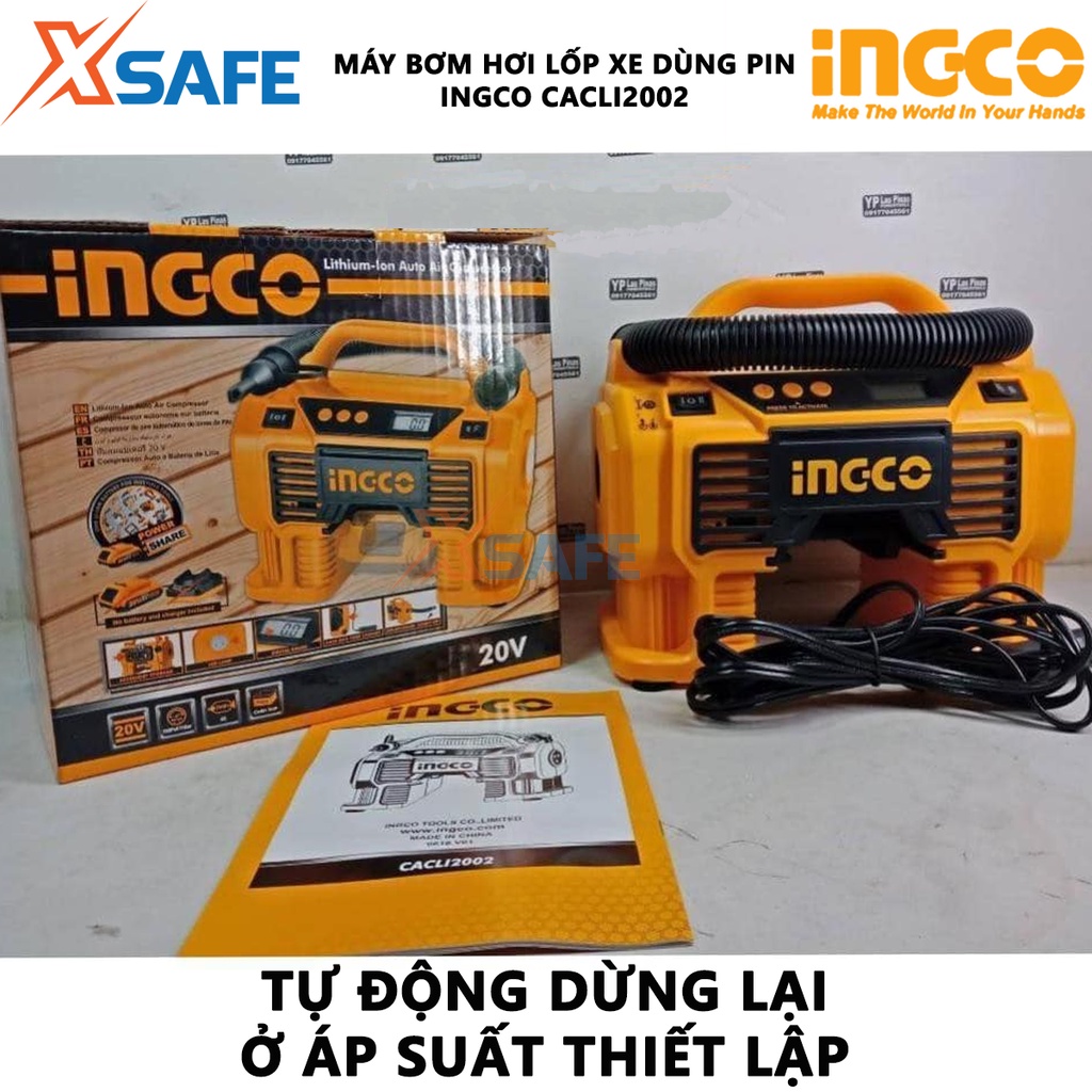 Máy bơm hơi lốp xe dùng pin INGCO CACLI2002 20V, kèm 1 đầu nối tròn, nối bơm bánh xe nối hơi, chưa bao gồm pin sạc