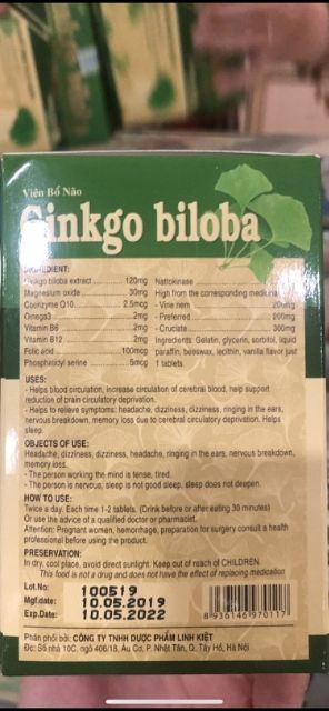 VIÊN UỐNG BỔ NÃO GINGKO BILOBA (hộp 100 viên )