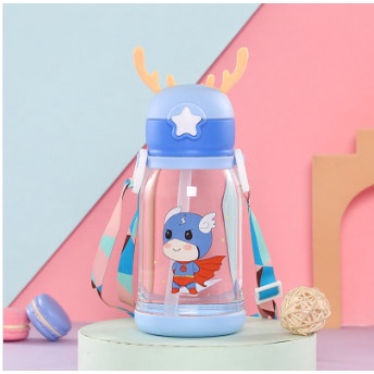 Bình nước ống hút trẻ em 600ml, bình cho bé hình sừng hươu dễ thương