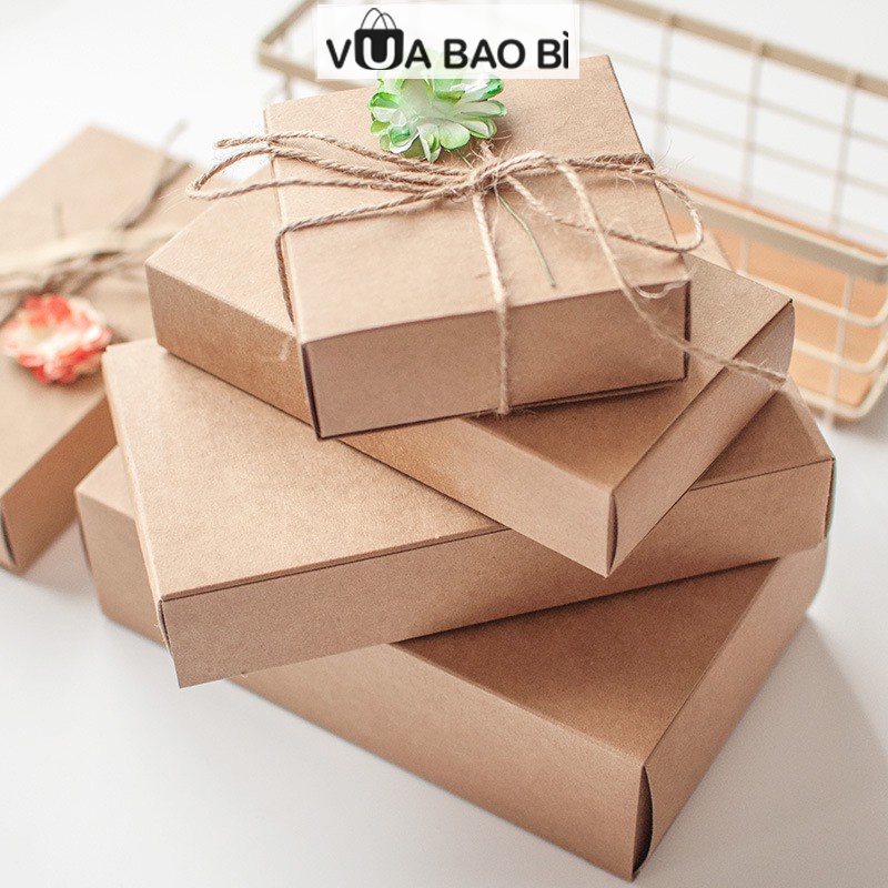Hộp quà kraft H12 dạng nắp bao diêm thắt nơ thừng Vintage kèm rơm lót đựng quà sinh nhật, tốt nghiệp VUABAOBI