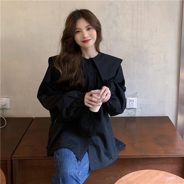 Áo Sơ Mi Nữ Tay Dài Cổ Thủy Thủ Màu Trơn Thời Trang