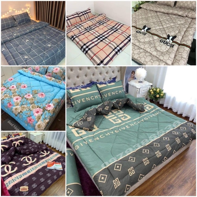 [FreeShip]  Bộ chăn ga gối 5 món poly ,5 món ga gối chăn phao có ruột bông dày hàng VNXK