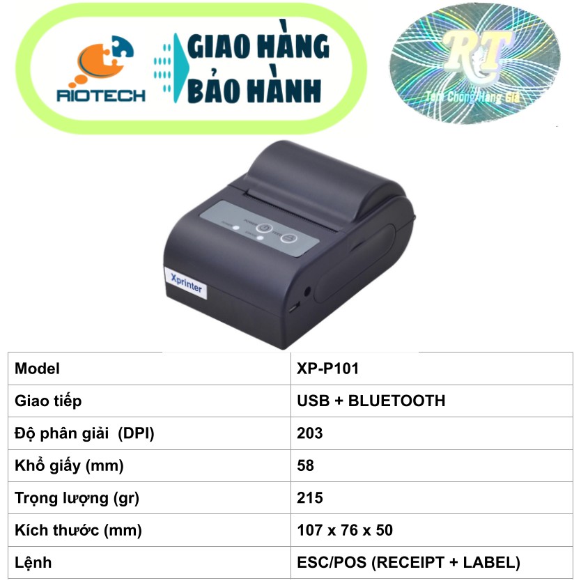 [RIOTECH XPRINTER XP-P101] Máy in nhiệt bluetooth (hóa đơn + mã vạch)