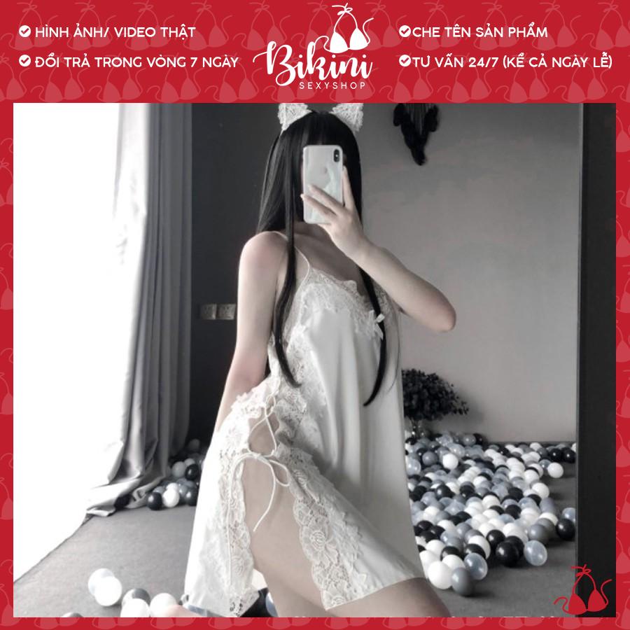 ❣️ Váy ngủ lụa nữ 2 dây phối ren đan dây 2 bên sexy gợi cảm màu đen/đỏ/trắng freesize dưới 60kg VN08