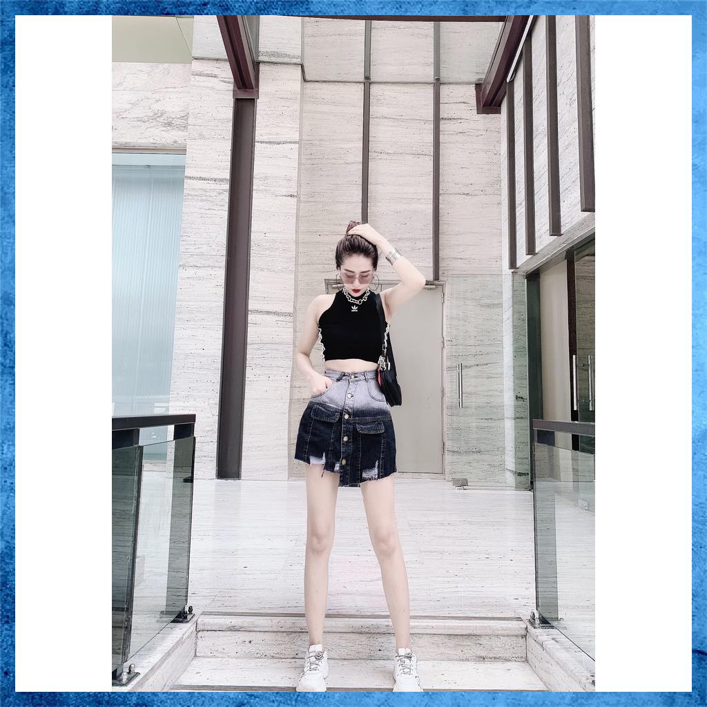 Quần váy jeans rách nhẹ dáng chữ A lưng cao nắp loang màu V0115