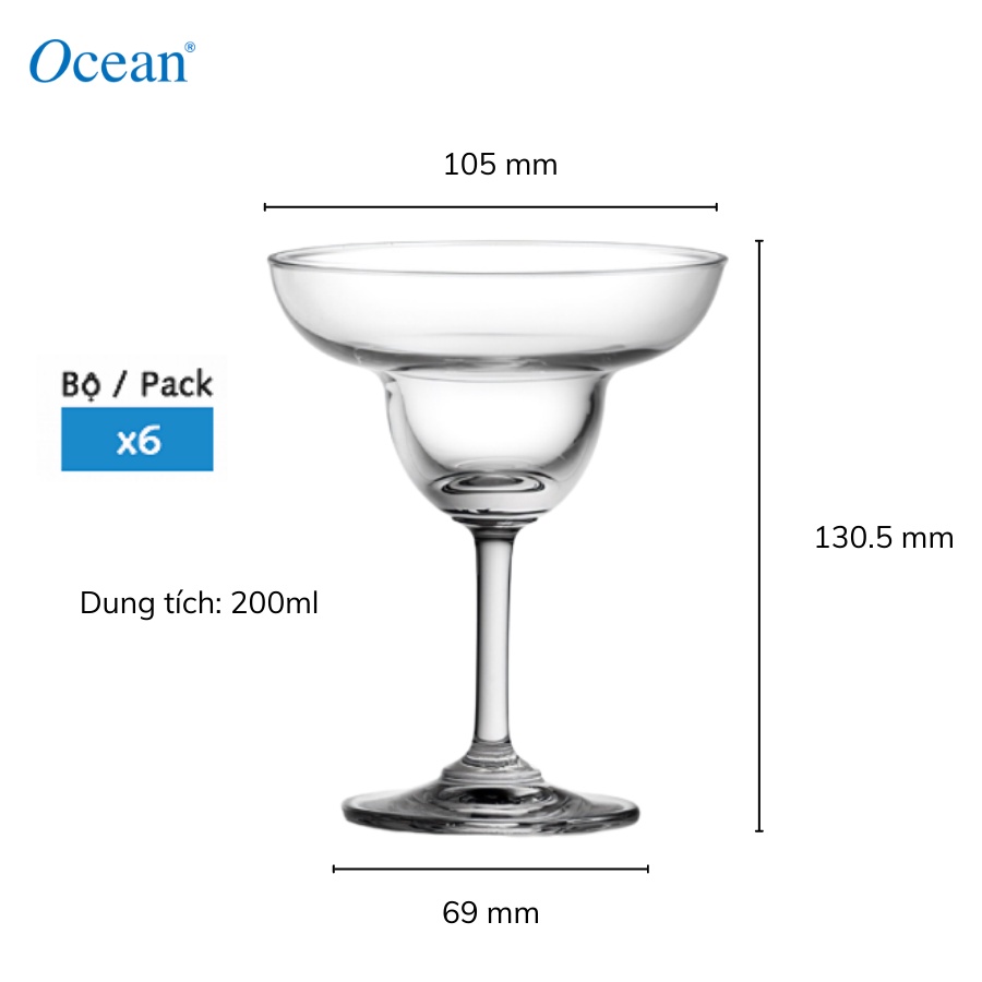 Bộ 6 Ly Rượu Thủy Tinh Ocean Classic Magarita 200ml - Chính Hãng
