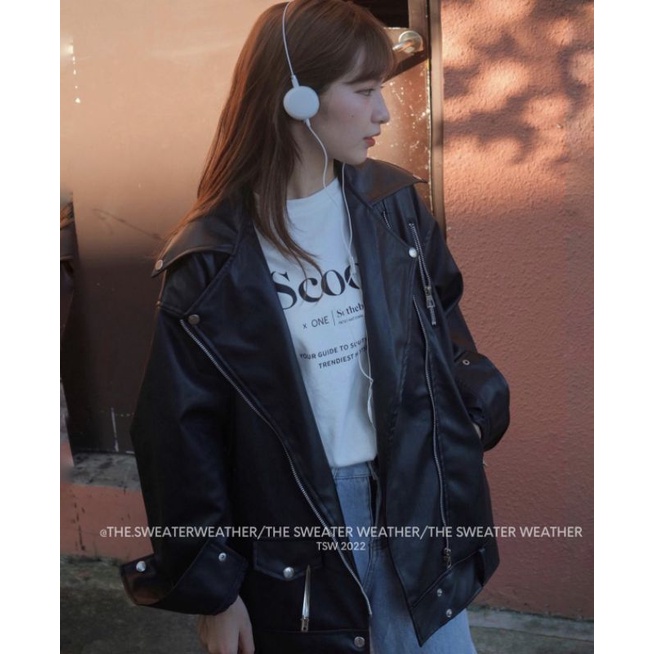 Áo khoác da đen nam nữ khóa chéo cá tính form rộng oversize dày dặn hàng Quảng Châu