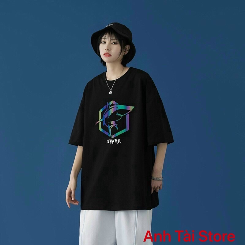 Áo thun tay lỡ phản quang phông Unisex nam nữ chất Premium Cotton oversize đến 75kg form rộng co dãn 4 chiều SHARK AP 44