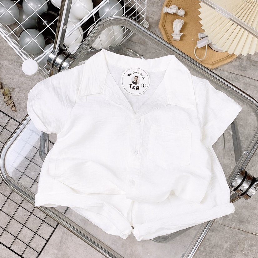 Bộ quần áo bé trai bạch công tử, Set đũi gồm áo sơ mi cổ vest và quần short cá tính cho bé từ 7 đến 18 kg, DUCK378