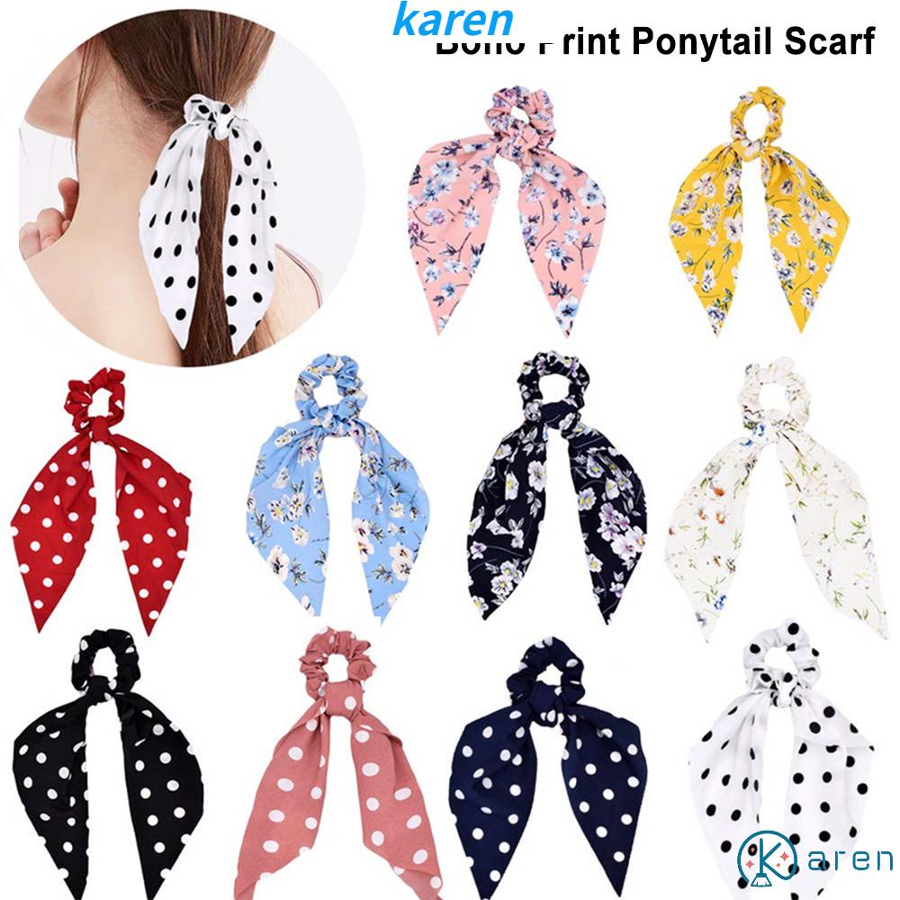 Dây Buộc Tóc Co Giãn Thắt Nơ Họa Tiết Hoa Chấm Bi Phong Cách Boho Cho Nữ