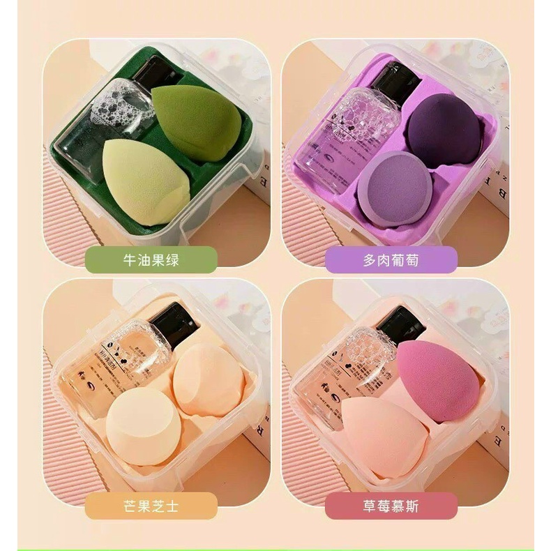 [Hàng mới về] Mút trang điểm hình giọt nước không chứa latex kèm nước rửa mút tiện dụng