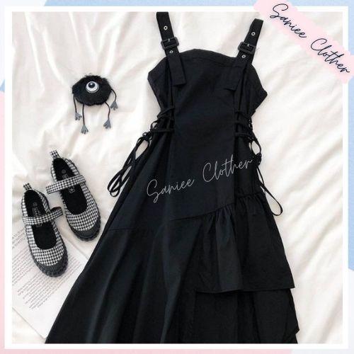 Váy nữ 02 dây đen ô zuê lệch tà dáng xòe đũi mềm sexy cá tính đi chơi đi dạo phố đi tiệc Saniee Clother
