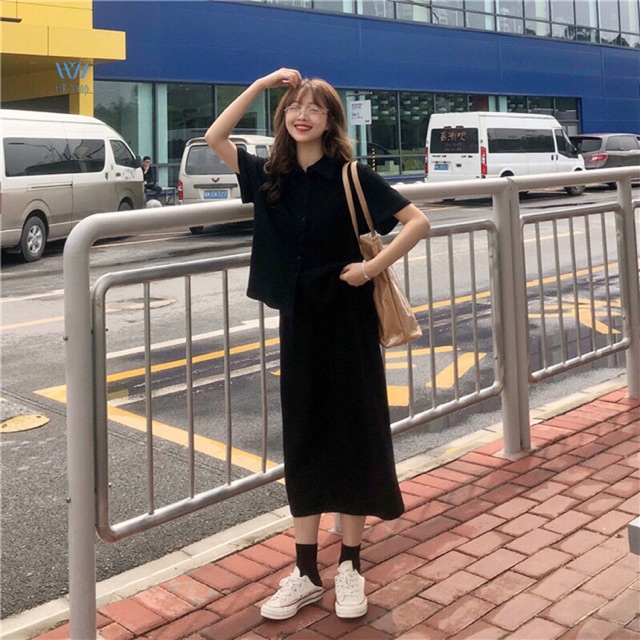 Set chân váy và áo crt cổ sơ mi phong cách ulzzang