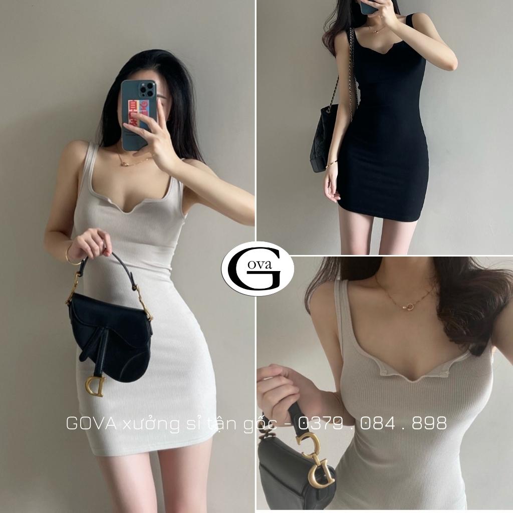 Đầm Váy Body SÁT NÁCH CỔ XẺ V BA LỔ Thun Gân Kiểu Sexy Nữ, Đầm Thun Ôm Body Đẹp GOVA