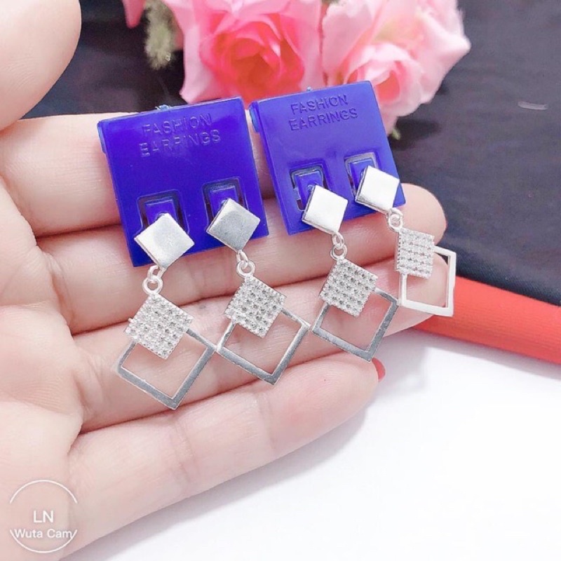 Bông tai nữ bạc THJ - Bông tai lập phương đính đá hottrend chuẩn bạc ta
