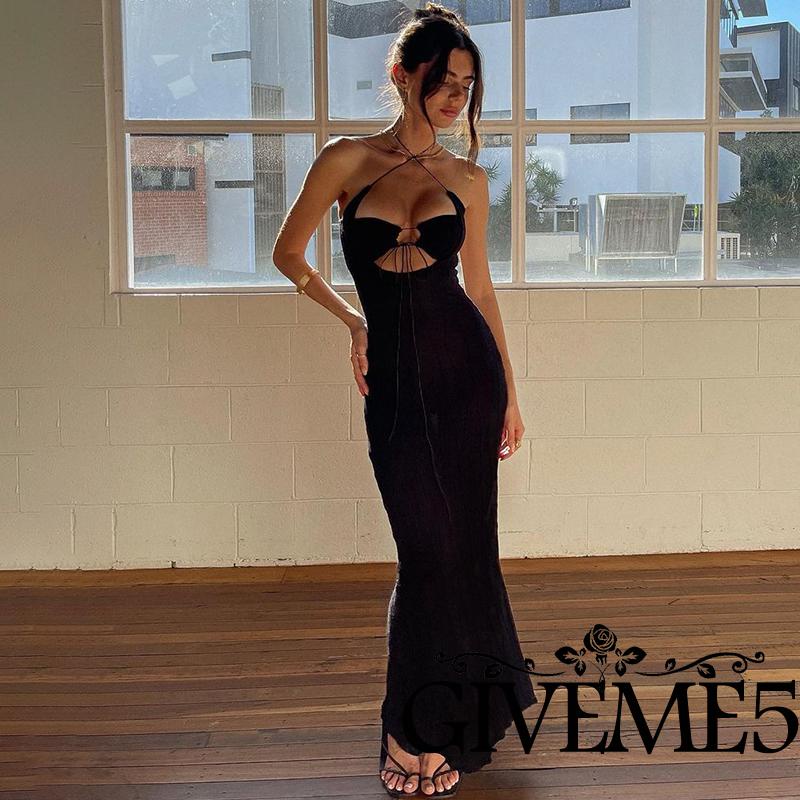 Đầm Dài Hai Dây Ôm Dáng Màu Đen Trơn Không Tay Thắt Nơ Dành Cho Nữ