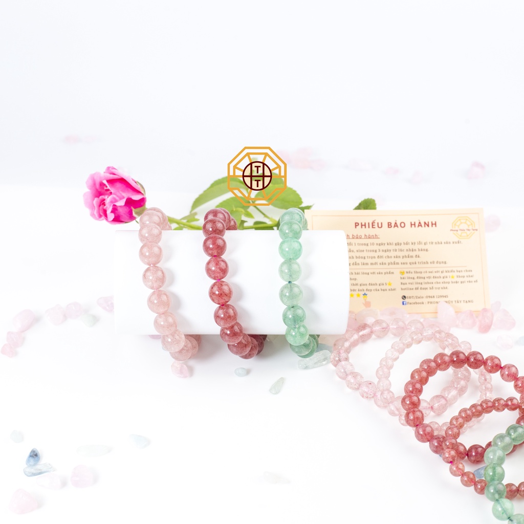 Vòng Tay Phong Thuỷ Đá Thạchh Anh Dâu Tây Xanh, Hồng Tự nhiên [TẶNG HỘP GỖ] Nữ mệnh Mộc Hỏa Thổ - Phong Thủy Tây Tạng