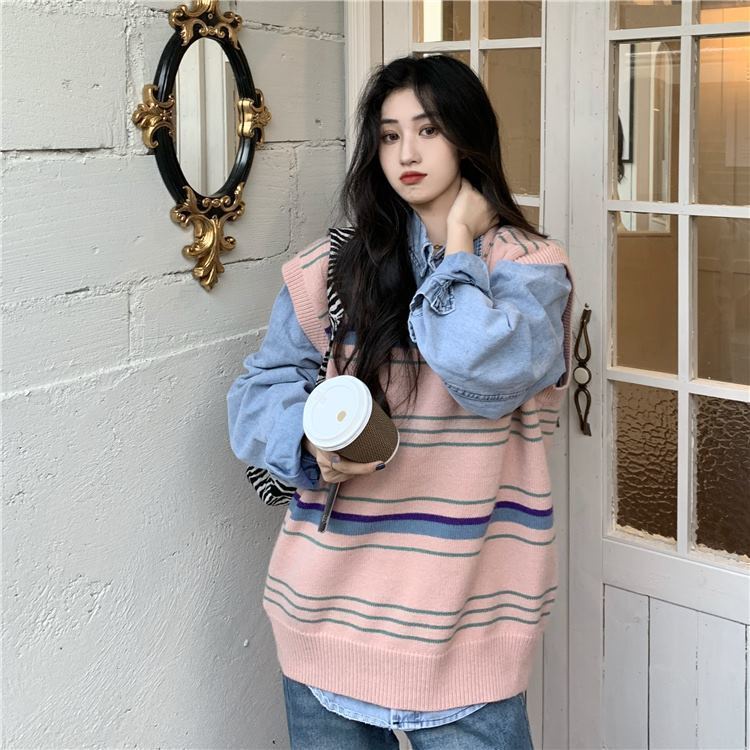 Áo dệt kim không tay dáng rộng hoa văn kẻ sọc phong cách retro Hàn Quốc cho nữ