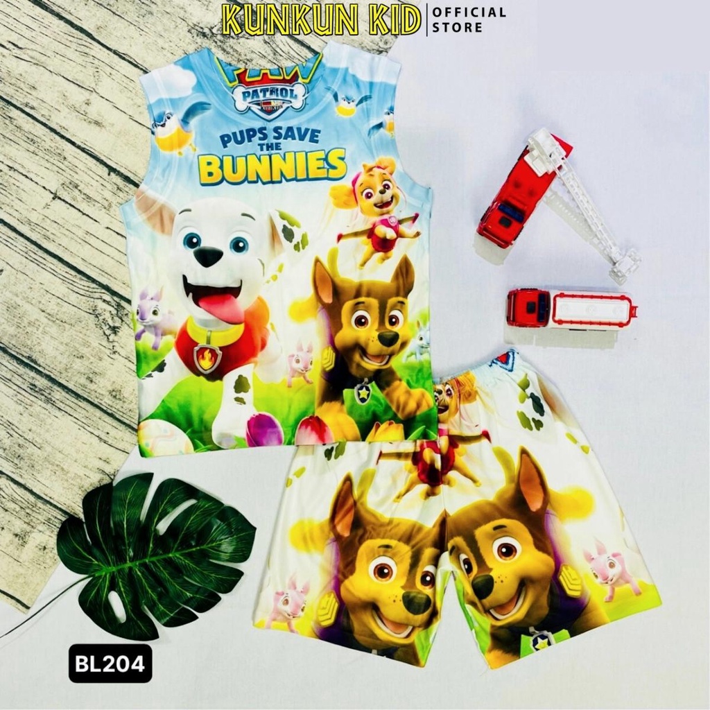 Đồ bộ thun lạnh ba lỗ in 3d cho bé trai hình chó anh hùng size đại từ 10kg-40kg KunKun Kid BL204